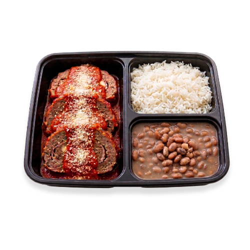 Arroz, Feijão com Rocambole de Carne Recheado de Queijo Coalho e Presunto Defumado ao Pomodoro 450g