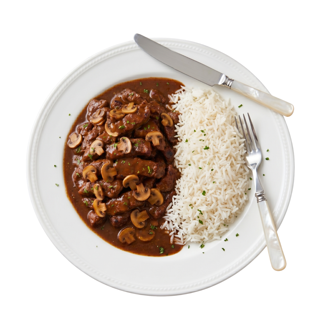 Iscas de Filé Mignon ao Molho Madeira com Arroz 450g