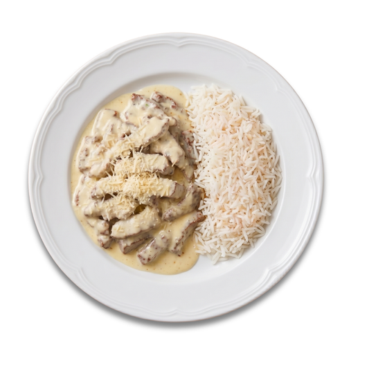 Iscas de Filé Mignon ao Molho 4 Queijos com Arroz 450g