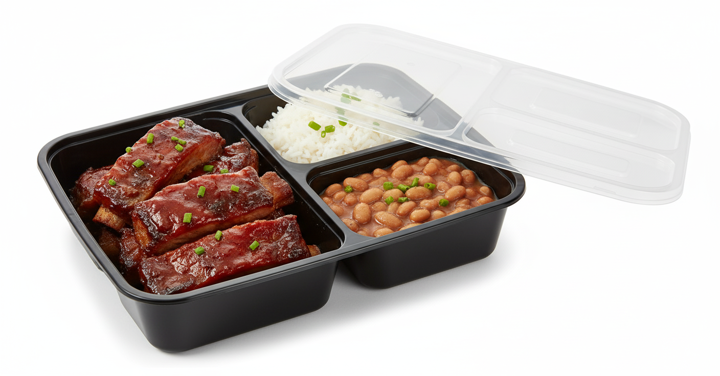 Arroz, Feijão e Pork Ribs sem osso ao Molho BBQ 450g