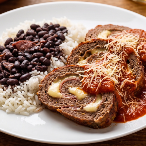 Arroz, Feijão com Rocambole de Carne Recheado de Queijo Coalho e Presunto Defumado ao Pomodoro 450g